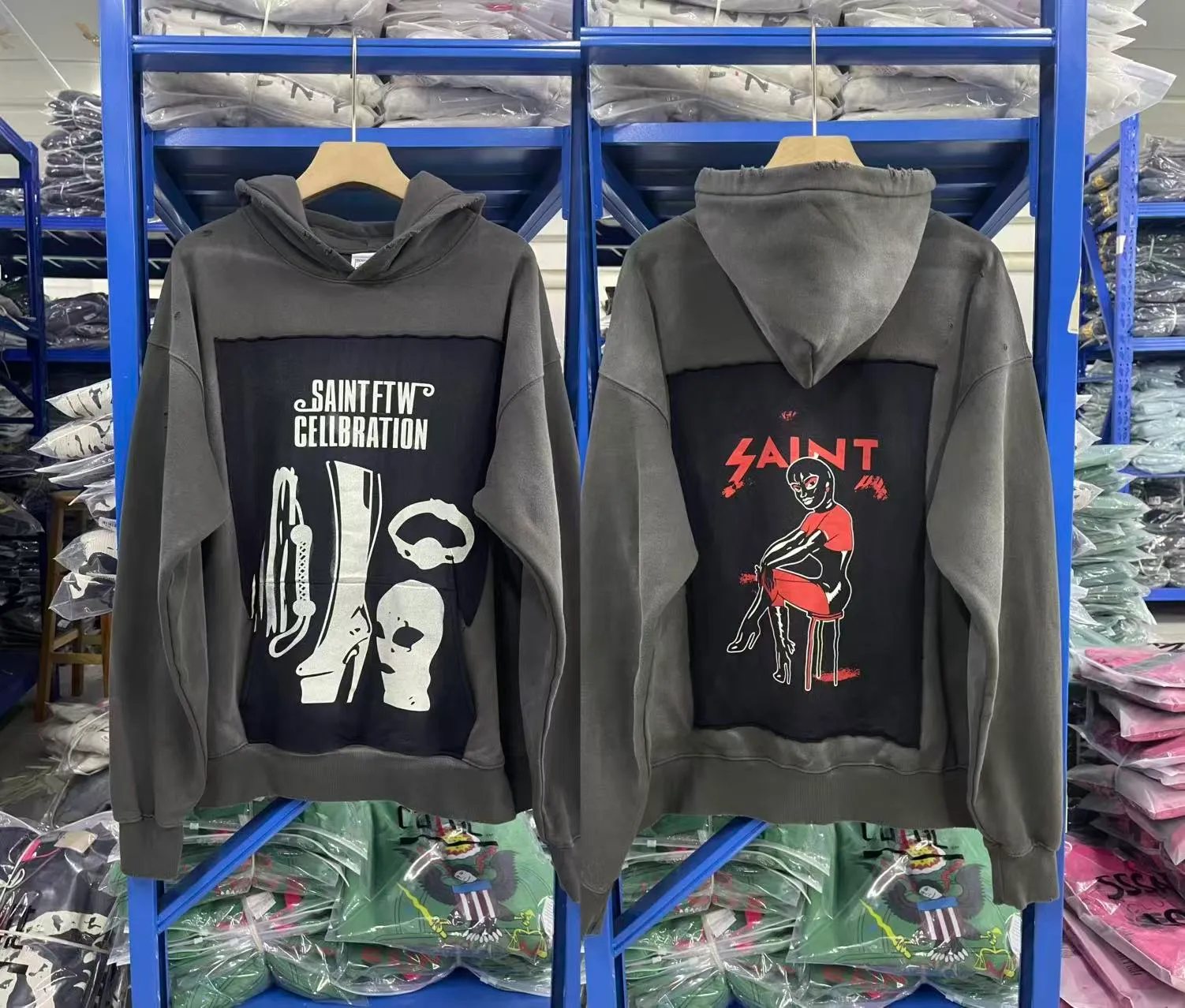 Spot ST1045 style washed gray P300 Saint Michael 25SS "CELLBRATION" Cell Celebration washed and distressed hooded sweatshirt Size S-M-L-XL